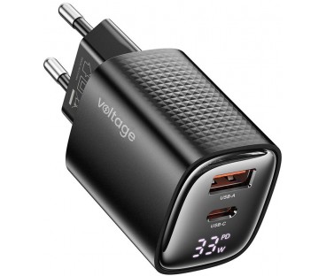 Ładowarka sieciowa Voltage GaN Charger Mini 33W PD 3.0 QC 3.0 USB-A USB-C Digital Display czarna