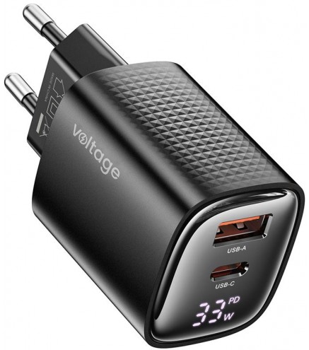 Ładowarka sieciowa Voltage GaN Charger Mini 33W PD 3.0 QC 3.0 USB-A USB-C Digital Display czarna