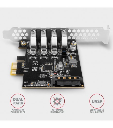 Kontroler Axagon PCEU-43RS PCIe 4x port USB 3.2 GEN 1, UASP, chipset Renesas, 15-pin SATA