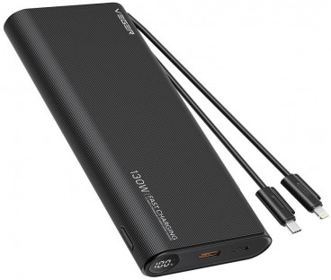 Powerbank Veger 25000 mAh 130 W PD QC 3.0 USB-A USB-C czarny z kablami USB-C i Lightning