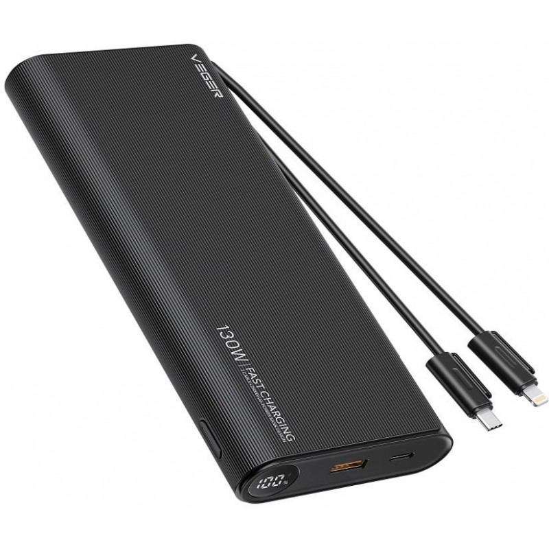 Powerbank Veger 25000 mAh 130 W PD QC 3.0 USB-A USB-C czarny z kablami USB-C i Lightning