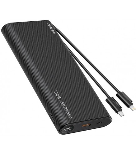 Powerbank Veger 25000 mAh 130 W PD QC 3.0 USB-A USB-C czarny z kablami USB-C i Lightning