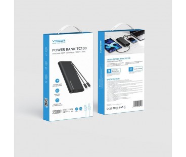 Powerbank Veger 25000 mAh 130 W PD QC 3.0 USB-A USB-C czarny z kablami USB-C i Lightning