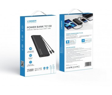 Powerbank Veger 25000 mAh 130 W PD QC 3.0 USB-A USB-C czarny z kablami USB-C i Lightning