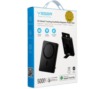 Powerbank Veger GeoWallet Tracker X5 5000 mAh 20 W PD QC 3.0 MFi MagSafe USB-C czarny
