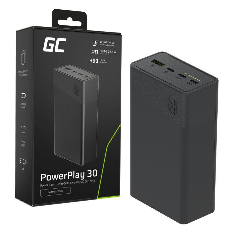 POWERBANK Greencell PowerPlay 30 30000mAh SZYBKIE ŁADOWANIE 22,5W 3x USB-C PD 1x USB-A