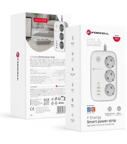 Listwa sieciowa Forcell F-Energy 3x schuko, USB-C 30W, 3x USB-A QC3.0 PD WiFi Tuya 2500W 10A
