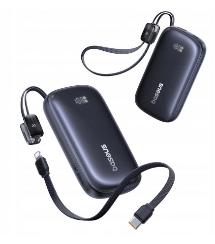 Powerbank Baseus EnerFill FC21 10000 mAh 22,5 W USB-A USB-C czarny z odłączanym kablem Lightning
