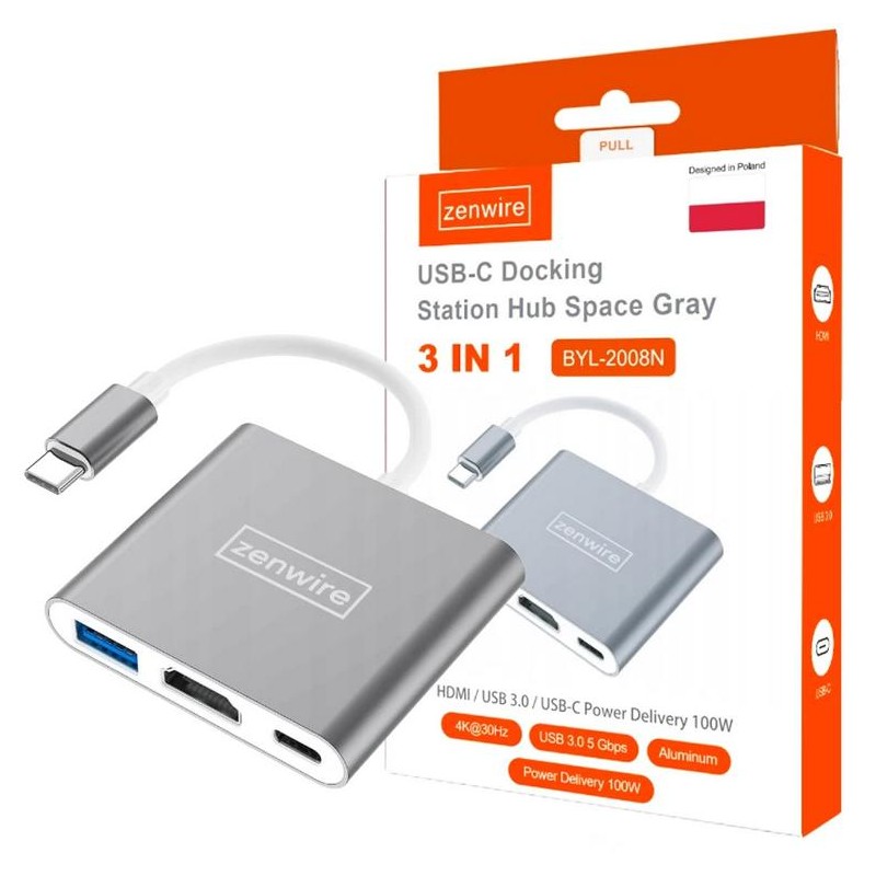 Adapter Przejściówka ZENWIRE 3w1 MHL HUB USB C HDMI 4K BYL-2008N
