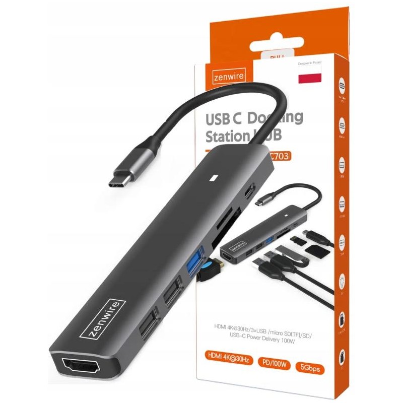 HUB ADAPTER USB-C 7w1 HDMI 4K USB 3.0 SD PD Zenwire BS-HC703