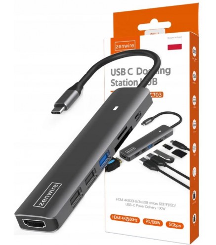 HUB ADAPTER USB-C 7w1 HDMI 4K USB 3.0 SD PD Zenwire BS-HC703