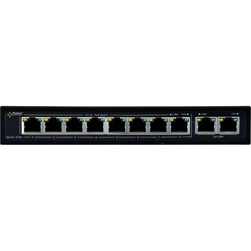 SWITCH POE PULSAR S108 10-PORTÓW (8xPoE + 2xUPLINK)  IEEE 802.3af/at, 48VDC / 30W/port (PoE+) 120W