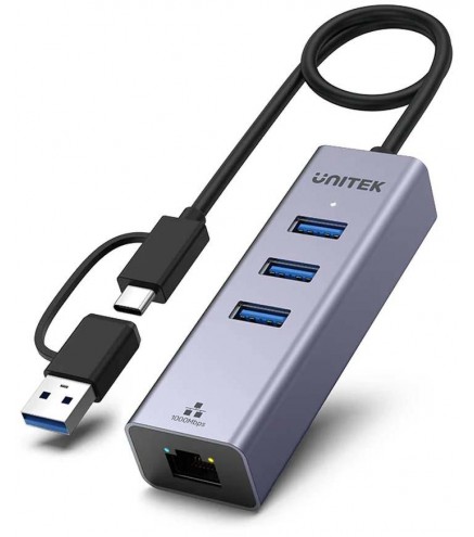 Unitek Hub USB C 4w1 Ethernet 3 x USB A 5 Gbps z adapterem USB A