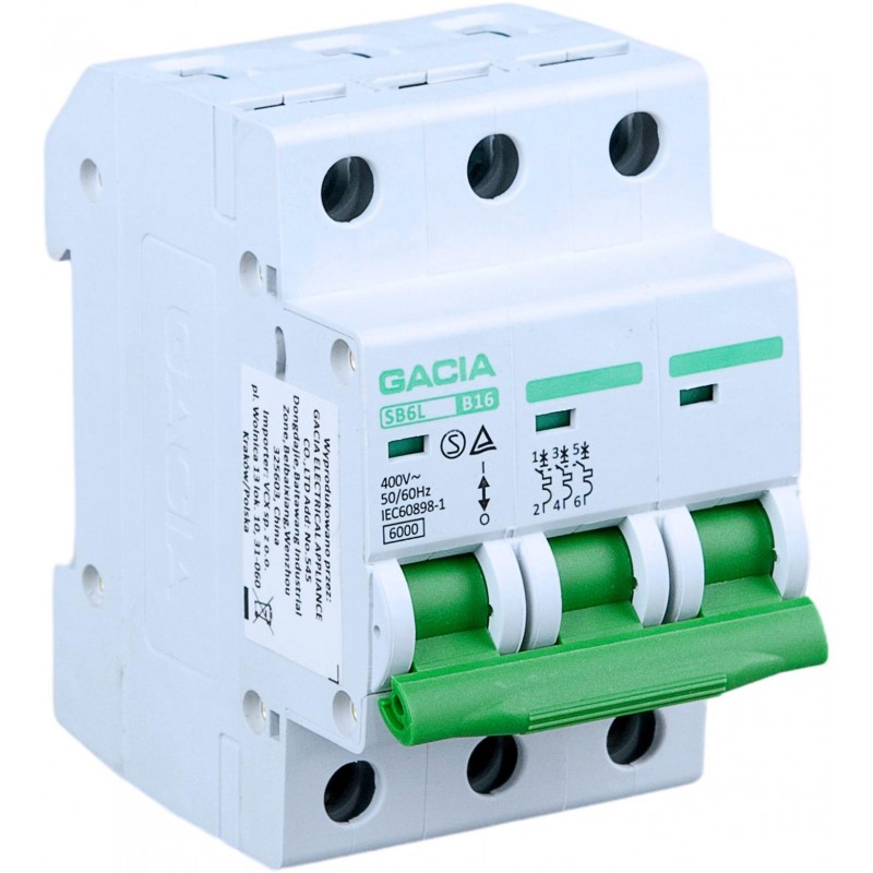 Wyłącznik nadmiarowoprądowy,6kA,B,3-pola,20A GACIA SB6L B 3P 20A
