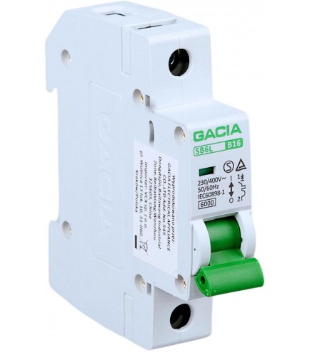 Wyłącznik nadmiarowoprądowy,6kA,B,1-pole,16A GACIA SB6L B 1P 16A