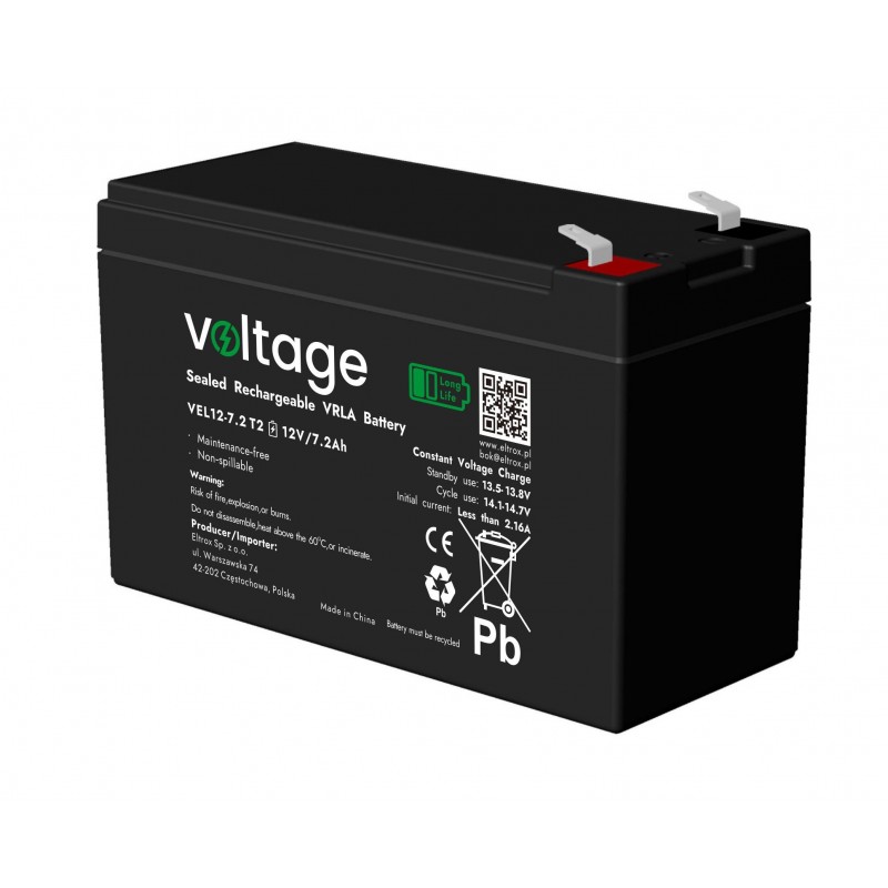 Akumulator AGM Voltage Long Life 12V 7,2Ah VEL12-7.2 T2 (Żywotność 15 lat)