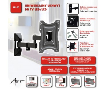 UCHWYT DO TV LCD/LED 10-42" 15KG AR-83 ART reg.pion/poziom 26,5cm