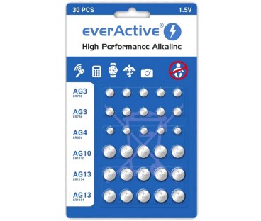 Zestaw 30 baterii 1,5V 10x AG3 / LR41 5x AG4 / LR626 5x AG10 / LR1130 10x AG13 / LR1154 everActive