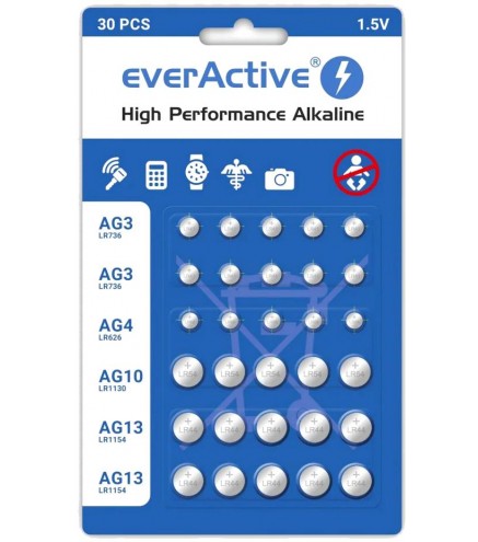 Zestaw 30 baterii 1,5V 10x AG3 / LR41 5x AG4 / LR626 5x AG10 / LR1130 10x AG13 / LR1154 everActive