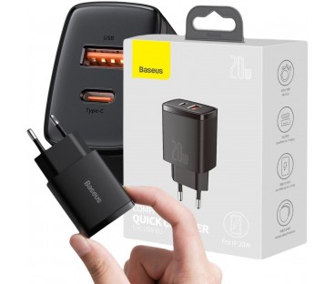 ŁADOWARKA SIECIOWA Baseus Compact Quick Charger CCXJ-B01 20W 1x USB-A 1x USB-C PD 3.0 QC 3.0 CZARNA