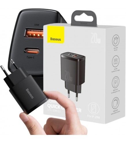 ŁADOWARKA SIECIOWA Baseus Compact Quick Charger CCXJ-B01 20W 1x USB-A 1x USB-C PD 3.0 QC 3.0 CZARNA