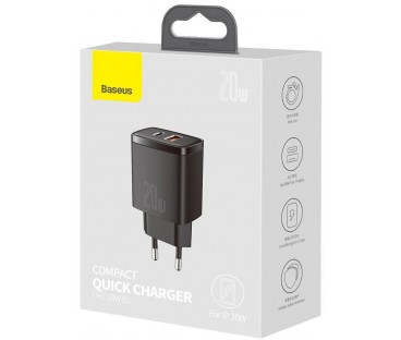 ŁADOWARKA SIECIOWA Baseus Compact Quick Charger CCXJ-B01 20W 1x USB-A 1x USB-C PD 3.0 QC 3.0 CZARNA