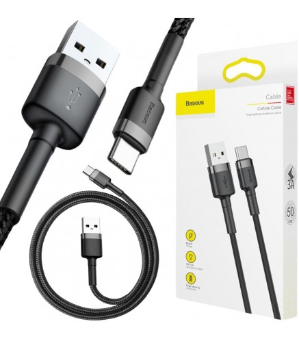 KABEL USB-A / USB-C Baseus Cafule CATKLF-AG1 50cm 3A QC 3.0 CZARNO-SZARY W NYLONOWYM OPLOCIE