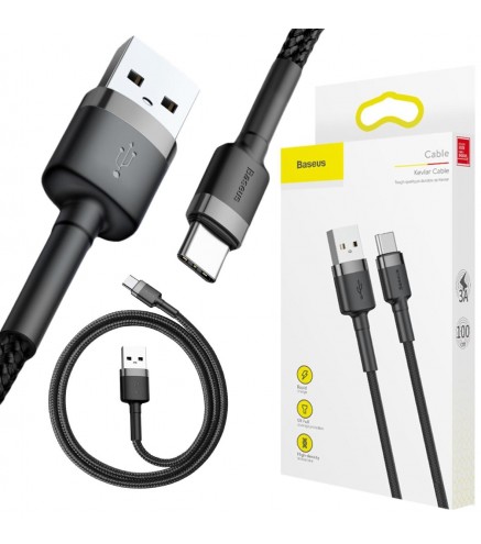 KABEL USB-A / USB-C Baseus Cafule CATKLF-BG1 100cm 3A QC 3.0 CZARNO-SZARY W NYLONOWYM OPLOCIE