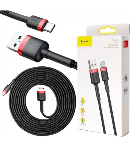 KABEL USB-A / USB-C Baseus Cafule CATKLF-U91 300cm 2A QC 3.0 CZARNO-CZERWONY W OPLOCIE