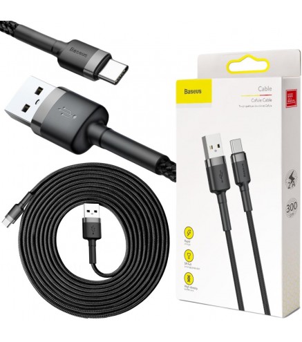 KABEL USB-A / USB-C Baseus Cafule CATKLF-UG1 300cm 2A QC 3.0 CZARNO-SZARY W NYLONOWYM OPLOCIE