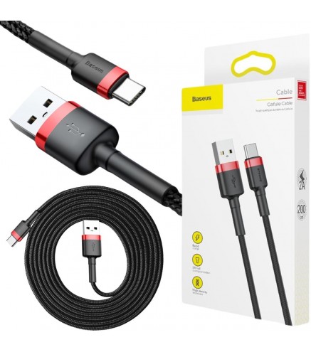 KABEL USB-A / USB-C Baseus Cafule CATKLF-C91 200cm 2A QC 3.0 CZARNO-CZERWONY W OPLOCIE