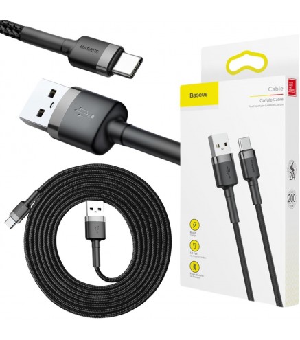 KABEL USB-A / USB-C Baseus Cafule CATKLF-CG1 200cm 2A QC 3.0 CZARNO-SZARY W NYLONOWYM OPLOCIE