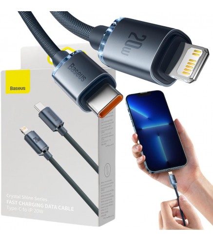 KABEL USB-C / Lightning iPhone Baseus Crystal CAJY000301 2m 20W PD QC CZARNY W OPLOCIE PREMIUM