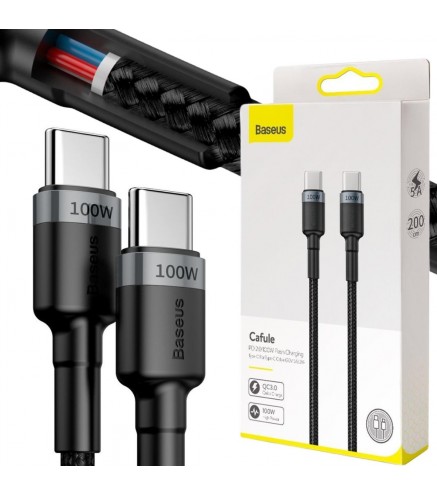 KABEL USB-C / USB-C Baseus Cafule CATKLF-ALG1 200cm 100W 5A PD 2.0 QC 3.0 CZARNO-SZARY W OPLOCIE