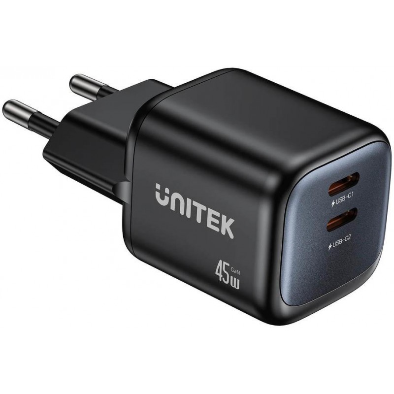 Ładowarka sieciowa Unitek GaN 45W, 2xUSB-C, PD 3.0, QC, czarna