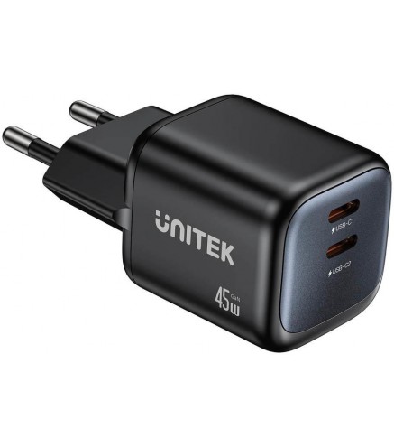 Ładowarka sieciowa Unitek GaN 45W, 2xUSB-C, PD 3.0, QC, czarna