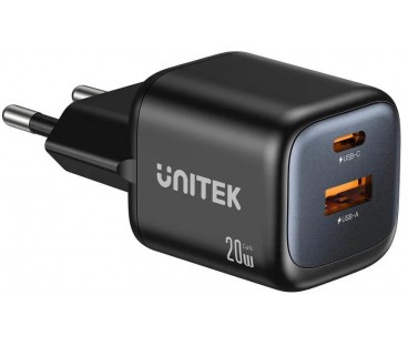 Ładowarka sieciowa Unitek GaN 20W, USB-C, USB-A, PD 3.0, czarna