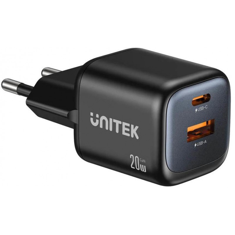 Ładowarka sieciowa Unitek GaN 20W, USB-C, USB-A, PD 3.0, czarna