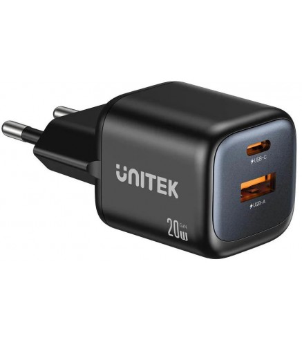 Ładowarka sieciowa Unitek GaN 20W, USB-C, USB-A, PD 3.0, czarna