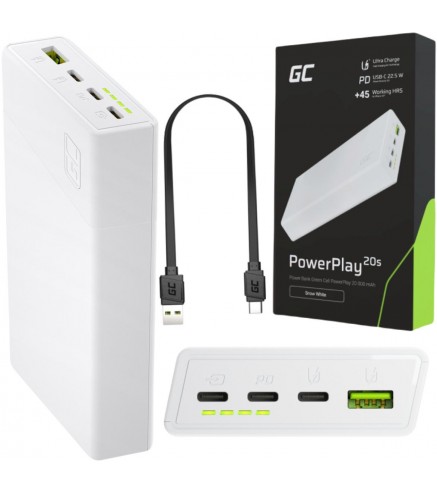 POWERBANK Green Cell PowerPlay20S 20000mAh PD 22,5W QC 3.0 3x USB-C BIAŁY