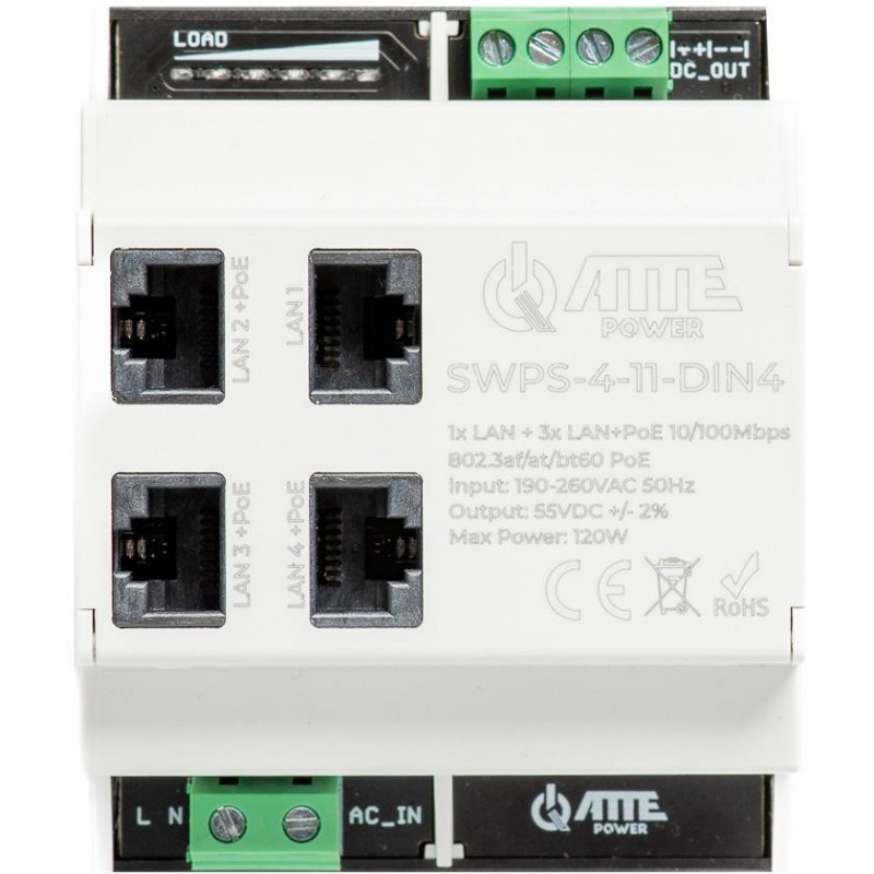 Switch PoE 4 portowy z wbudowanym zasilaczem na szynę TH35 ATTE SWPS-4-11-DIN4