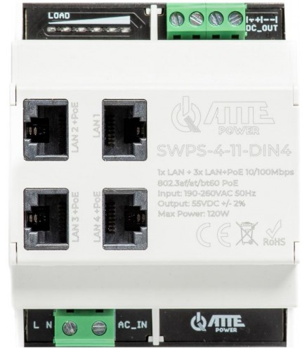 Switch PoE 4 portowy z wbudowanym zasilaczem na szynę TH35 ATTE SWPS-4-11-DIN4