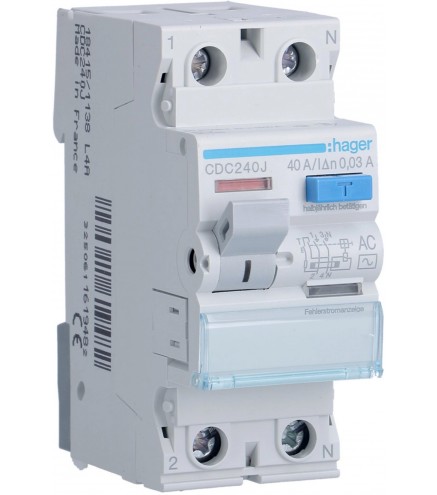 Wyłącznik różnicowoprądowy 1P+N 40A 30mA 6kA AC HAGER CDC240J