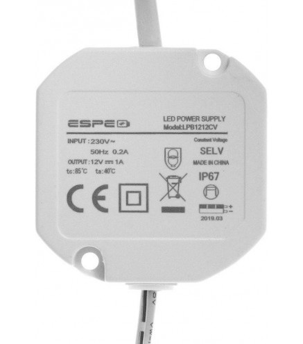 ZASILACZ DOPUSZKOWY ESPE LP-1212-211 12V 1A 12 W IP67 5.5 / 2.1 mm