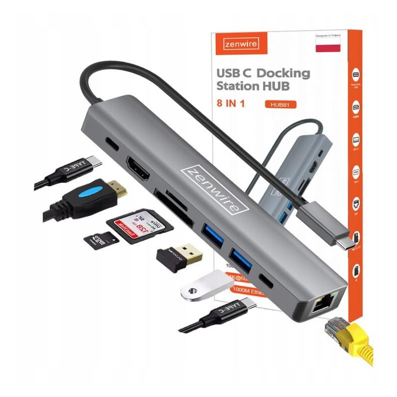 HUB USB-C Przejściówka ADAPTER 8w1 HDMI 2.0 4K 60 Hz Gigabit Ethernet 1000 Mbps Zenwire HUB81