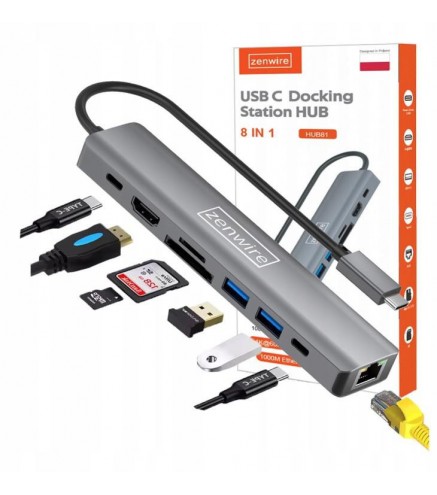 HUB USB-C Przejściówka ADAPTER 8w1 HDMI 2.0 4K 60 Hz Gigabit Ethernet 1000 Mbps Zenwire HUB81