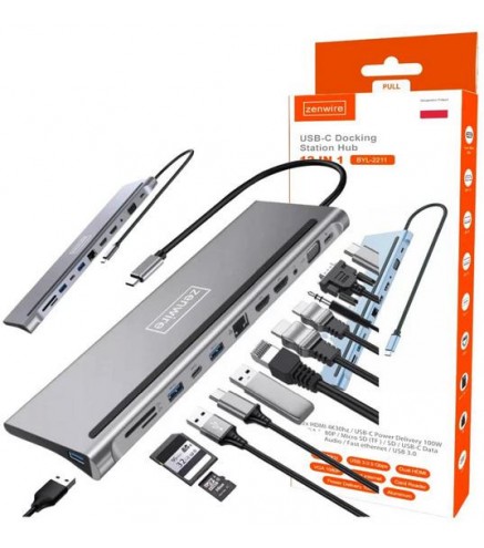 HUB ADAPTER USB-C 12w1 Stacja Dokująca 2x HDMI 4K ETHERNET RJ45 USB 3.0 BYL-2211
