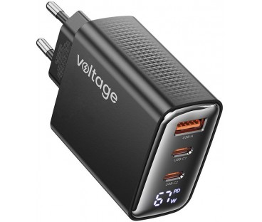 Ładowarka sieciowa Voltage GaN Charger 67W PD 3.0 QC 4.0 USB-A 2x USB-C Digital Display czarna