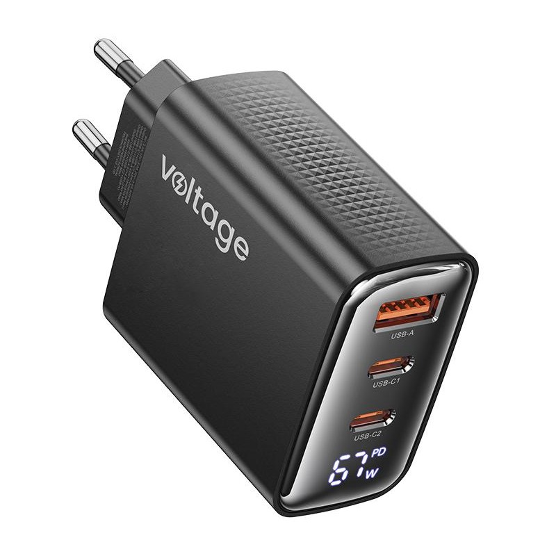 Ładowarka sieciowa Voltage GaN Charger 67W PD 3.0 QC 4.0 USB-A 2x USB-C Digital Display czarna