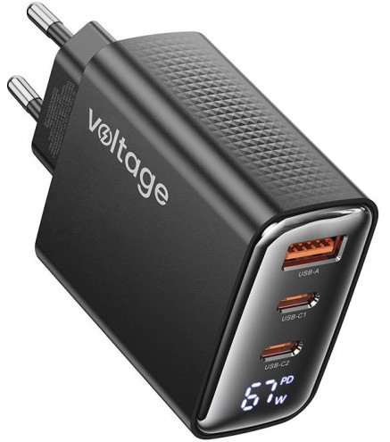 Ładowarka sieciowa Voltage GaN Charger 67W PD 3.0 QC 4.0 USB-A 2x USB-C Digital Display czarna